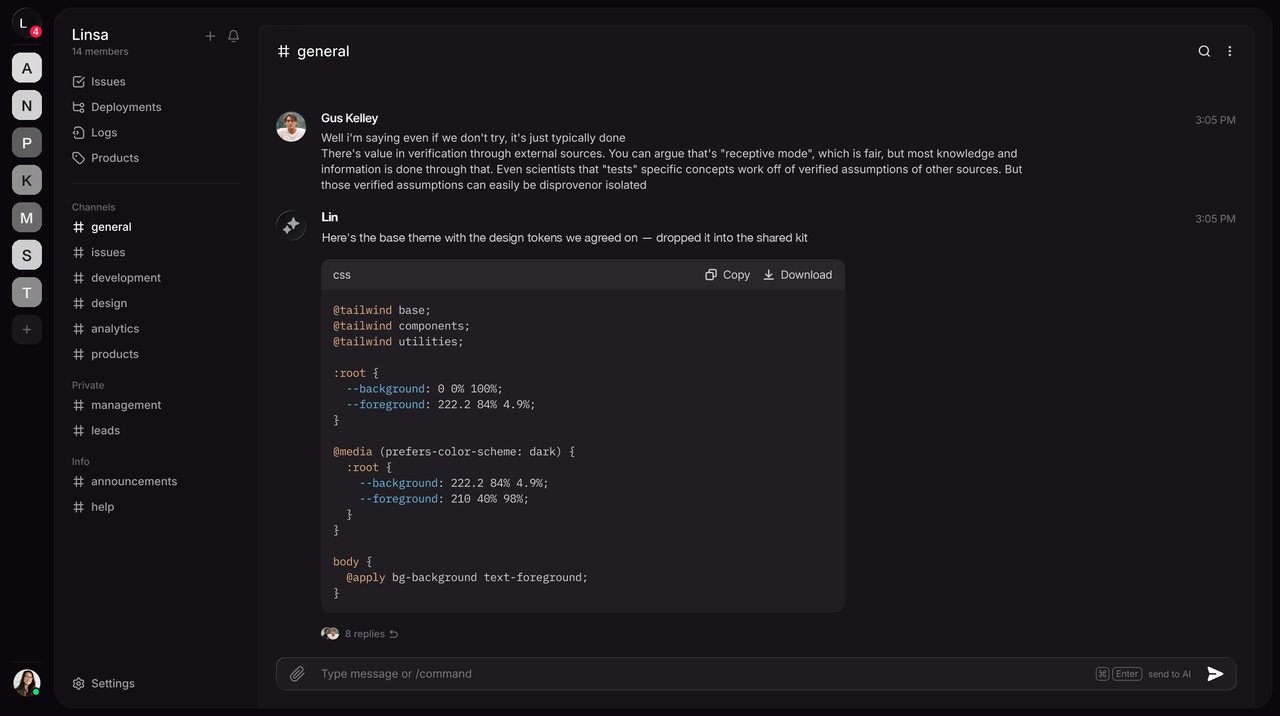 A Linsa Space on the desktop: channels on the left, a thread with the team’s agent in the middle