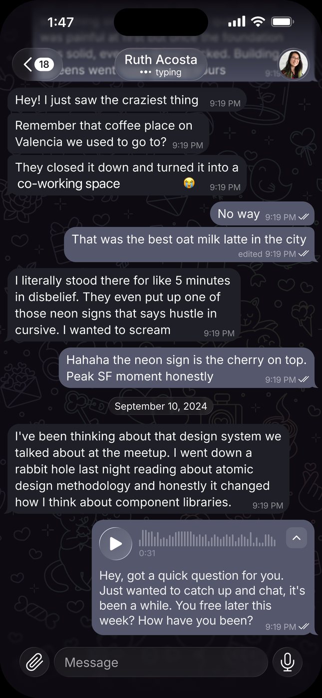 A voice message in a Linsa conversation, transcribed to text underneath